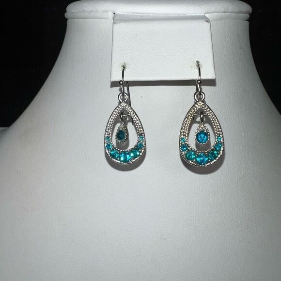 Boho Silver Tone And Teal Crystal Dangle Earrings - Picture 1 of 5